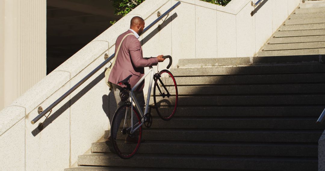 Man Carrying Bicycle Up City Stairs in Urban Environment