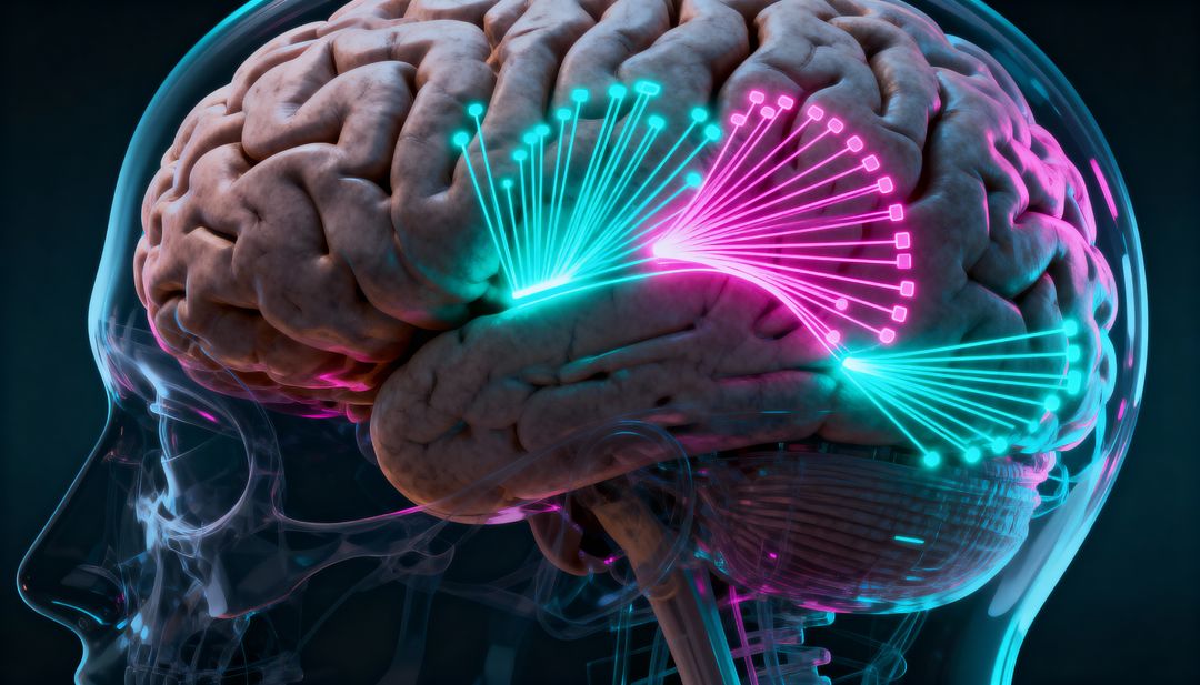 Neon Brain Connectivity Visualization Showing Cortical Fiber Pathways and Cerebellum Anatomy
