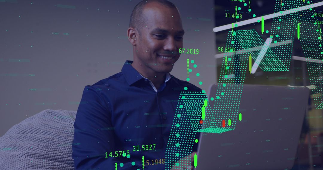 Business Professional Analyzing Data with Futuristic Interface Overlay