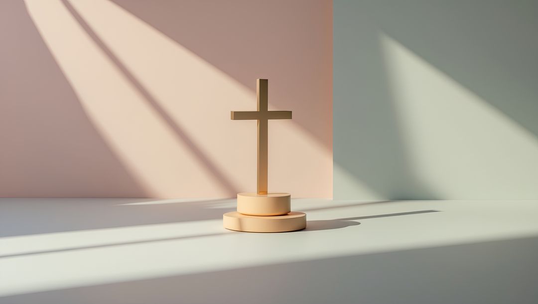 Golden Cross on Pedestal with Minimalist Two-Tone Backdrop