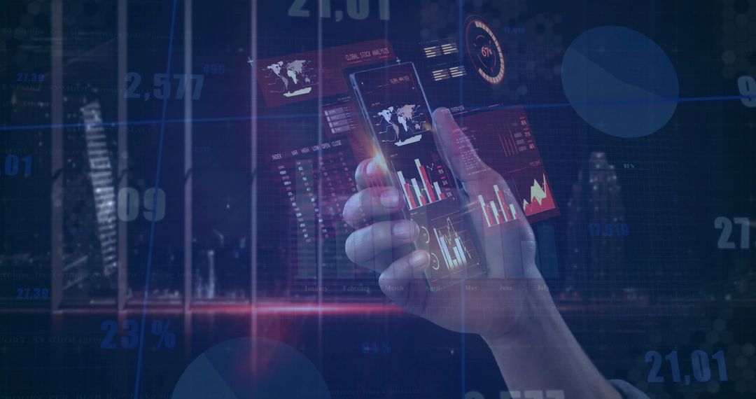 Holding smartphone showing fintech dashboards and analytics over neon city skyline at night
