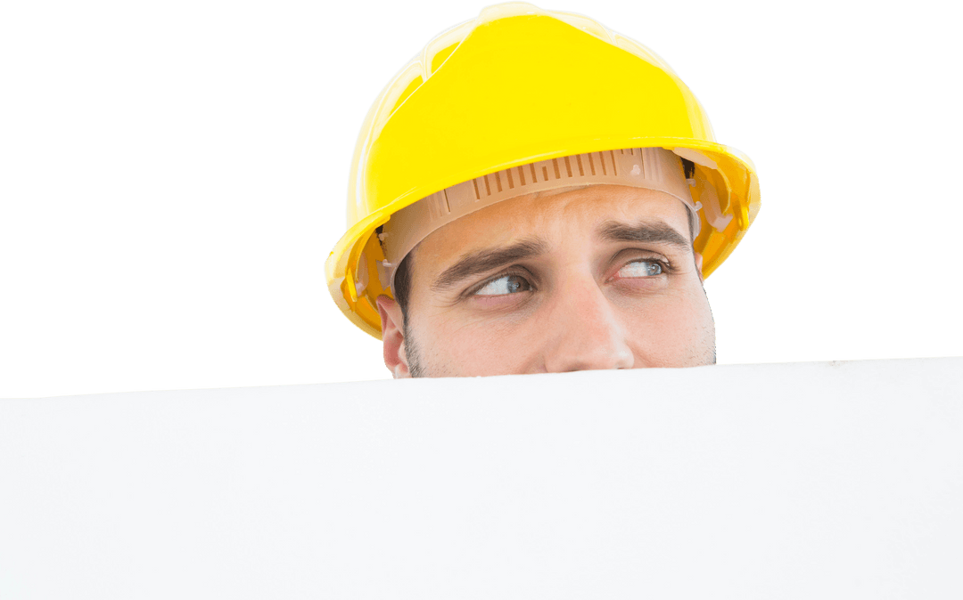 Curiously Peeking Construction Worker Behind Transparent White Board