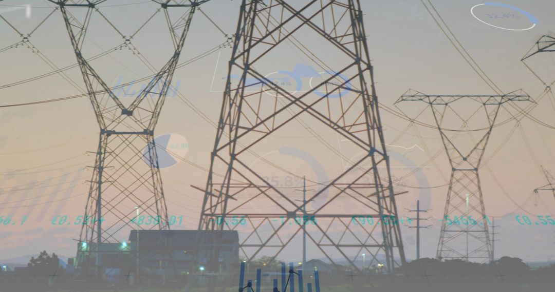 Transmission Towers at Twilight with Digital Data Overlay