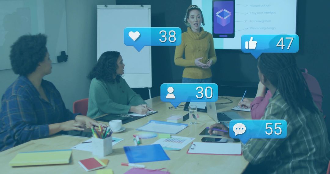 Business Team Engaged in Innovative Presentation with Social Media Influence