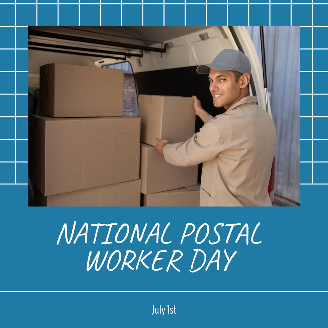 National Postal Worker Day Celebration with Smiling Courier and Boxes - Download Free Stock Templates Pikwizard.com