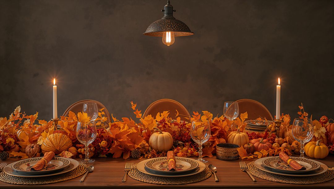 Rustic Autumn Dinner Table with Pumpkin Centerpiece, Leaf Garland and Candlelit Ambience