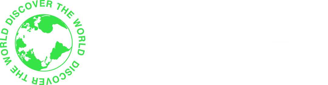 Transparent Travel Logo with Green Globe and White Outline Text