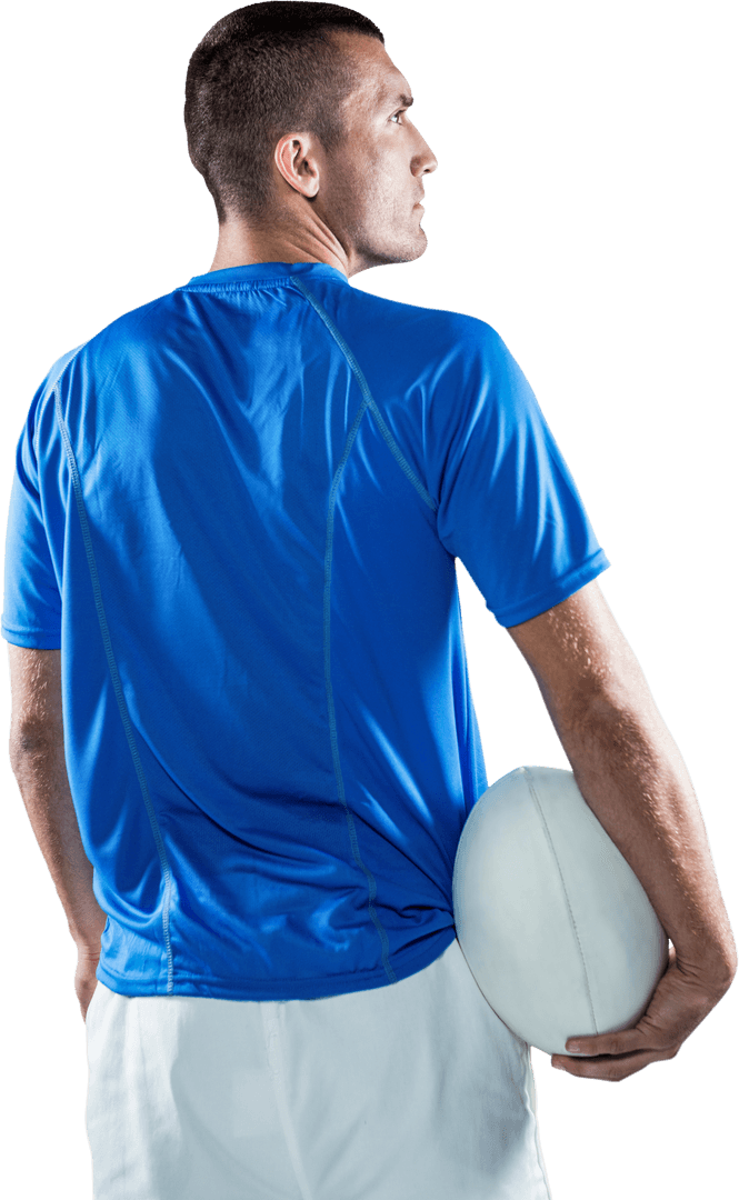 Transparent Rugby Player in Blue Holding Ball Looking Away