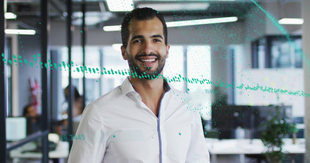 Confident Businessman with Digital Financial Graph in Modern Office