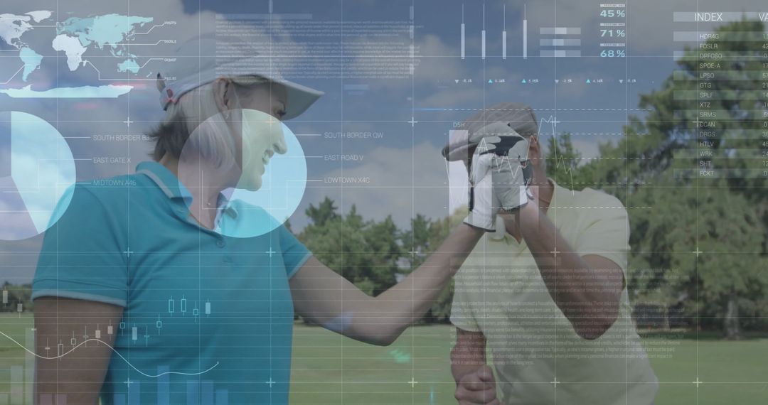 Golfers Fist Bumping with Futuristic Data Overlays