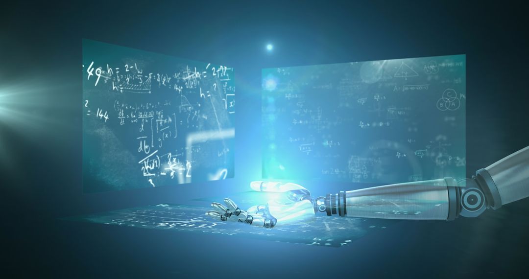 Futuristic Robot Arm Interacting with Data Screens Technology Concept