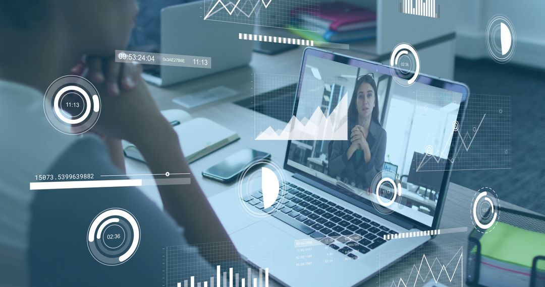Virtual Teamwork with Office Colleagues on Video Call and Graphs Overlay