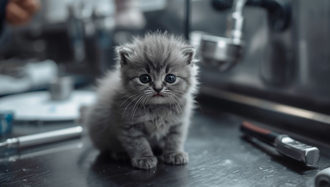 Curious Kitten on Workbench Amidst Industrial Tools