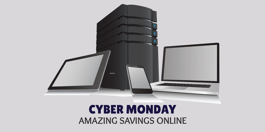 Cyber Monday Sale with Electronic Devices and Savings Message