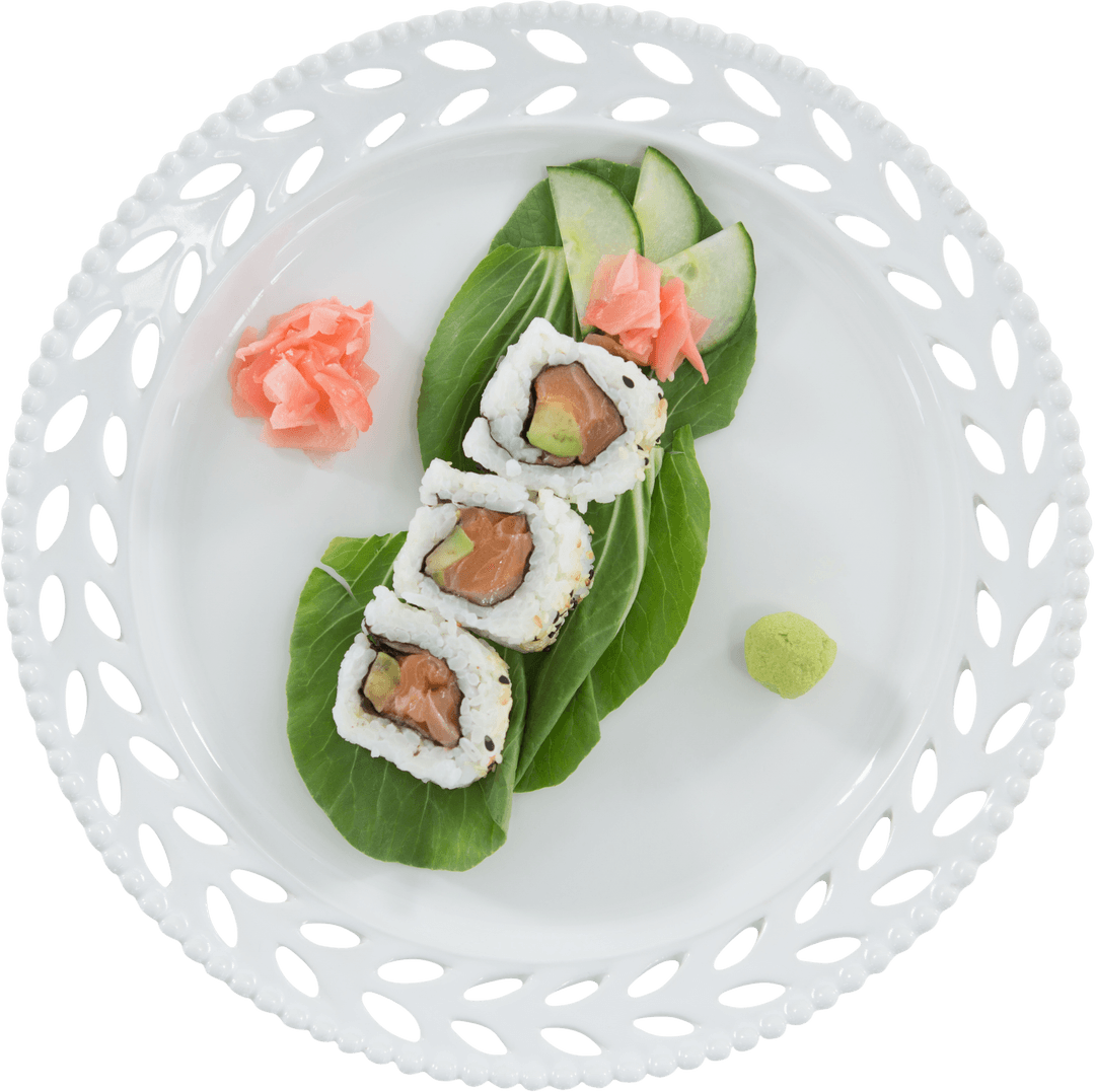 Transparent Sushi Rolls Served with Fresh Garnishes