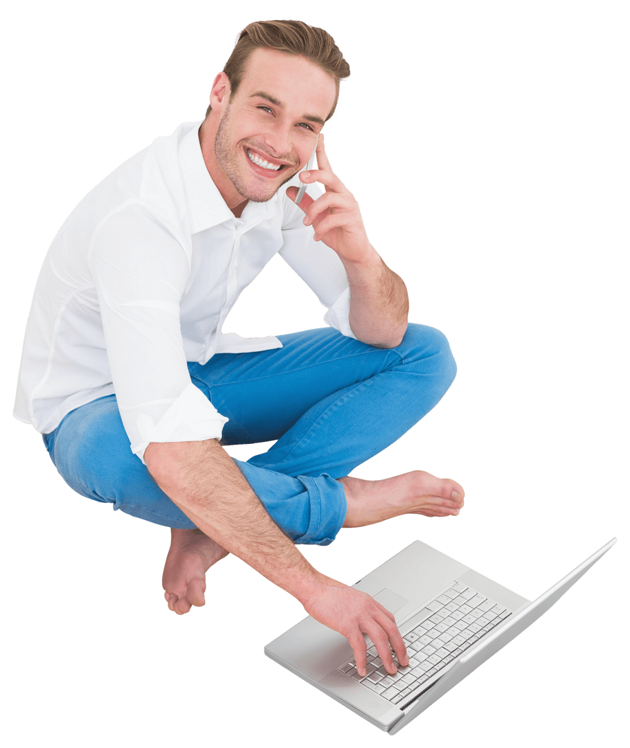 Smiling Man Sitting Cross-Legged with Laptop Transparent Background