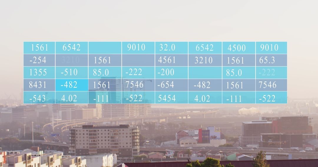 Urban Cityscape with Transparent Numeric Data Overlay