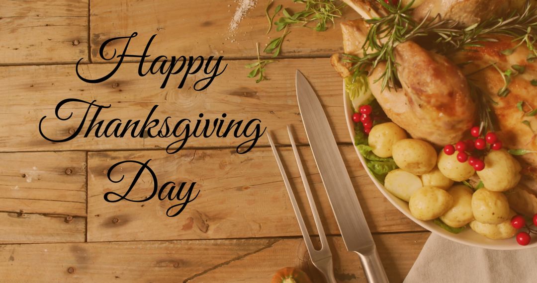 Happy Thanksgiving Day Table with Turkey and Text
