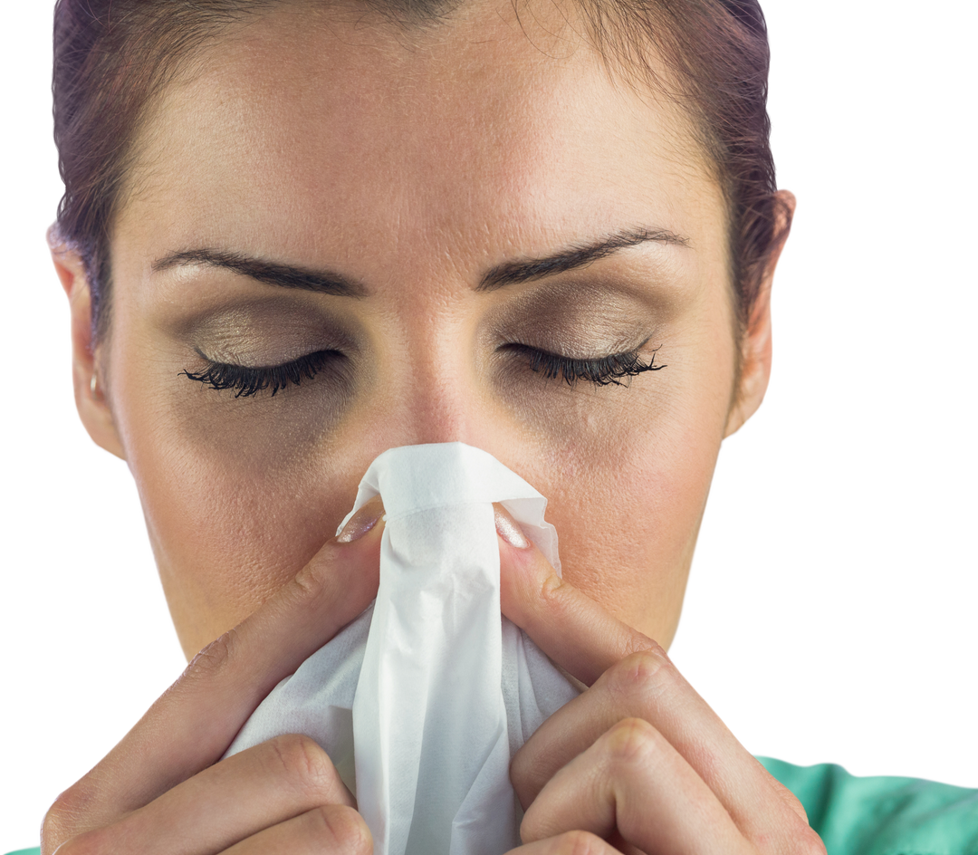 Woman Blowing Nose with Tissue on Transparent Background - Download Free Stock Images Pikwizard.com