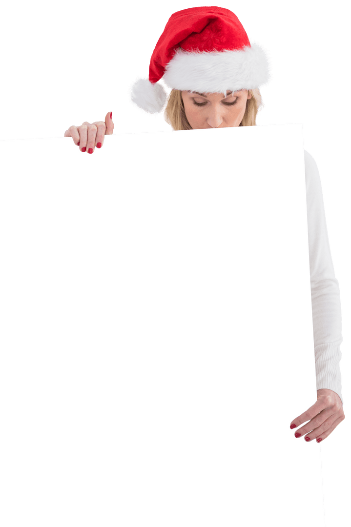 Festive Woman in Santa Hat Holding Transparent Signboard