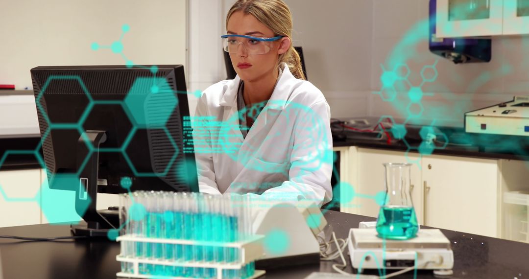 Scientist in Laboratory Analyzing Digital Molecular Models