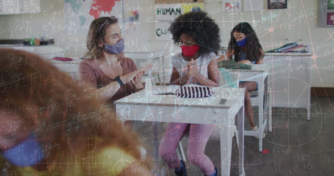 Teacher and Students in Classroom with Mathematical Overlay During Pandemic