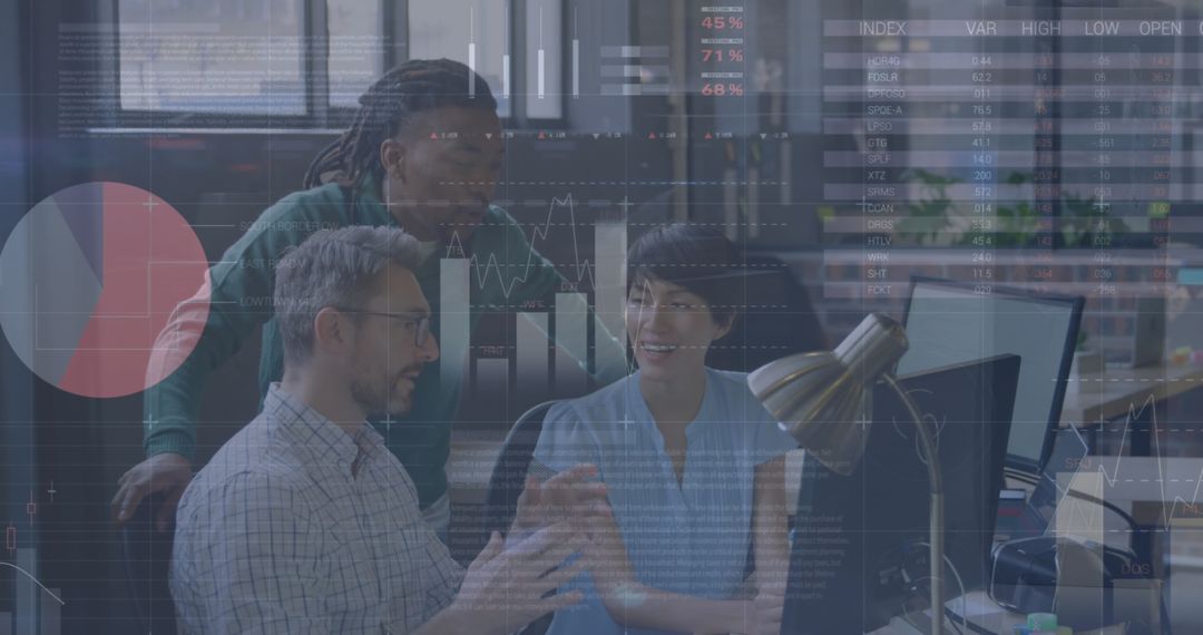 Team Analyzing Financial Data with Digital Graphics Integration