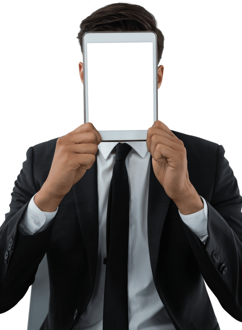 Businessman Holding Transparent Tablet Face Frame Concept
