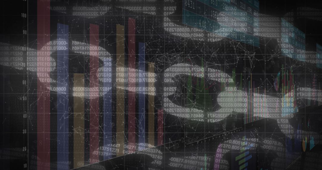 Displaying dark financial data with layered bar charts, candlesticks and network graph