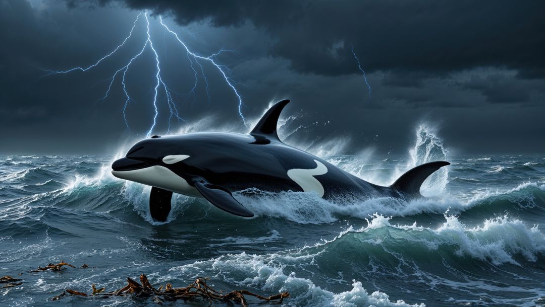 Majestic Orca Surfacing in Raging Stormy Ocean with Striking Lightning
