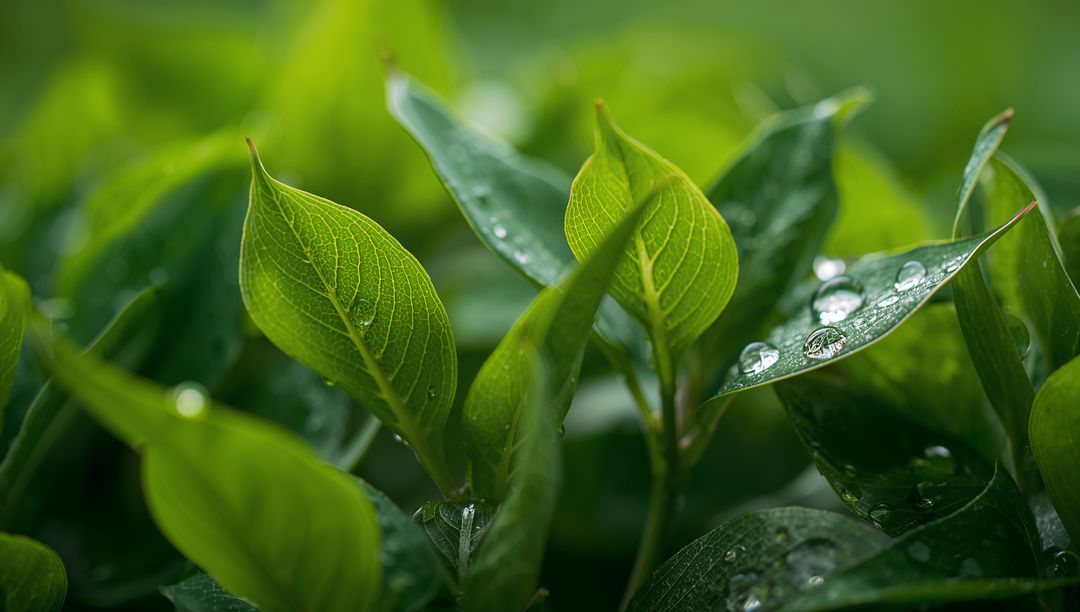 Glistening Dew Beading on Verdant Veined Leaves Macro Foliage Texture and Freshness