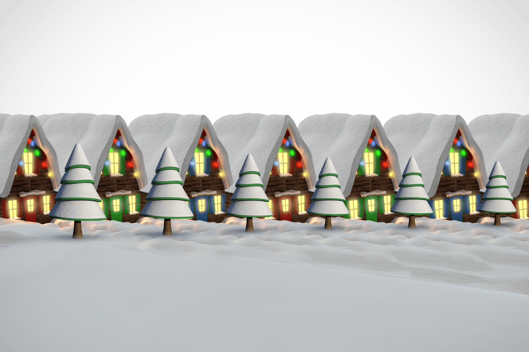 Transparent Row of Christmas Decorated Houses with Snowy Background