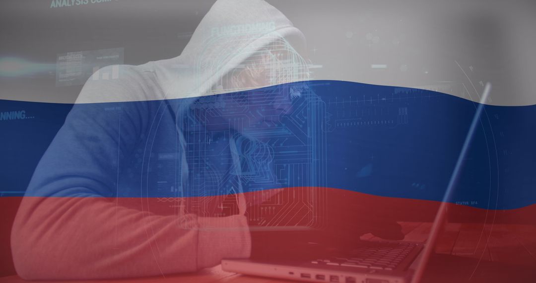 Hacker Working Under Russian Flag Background