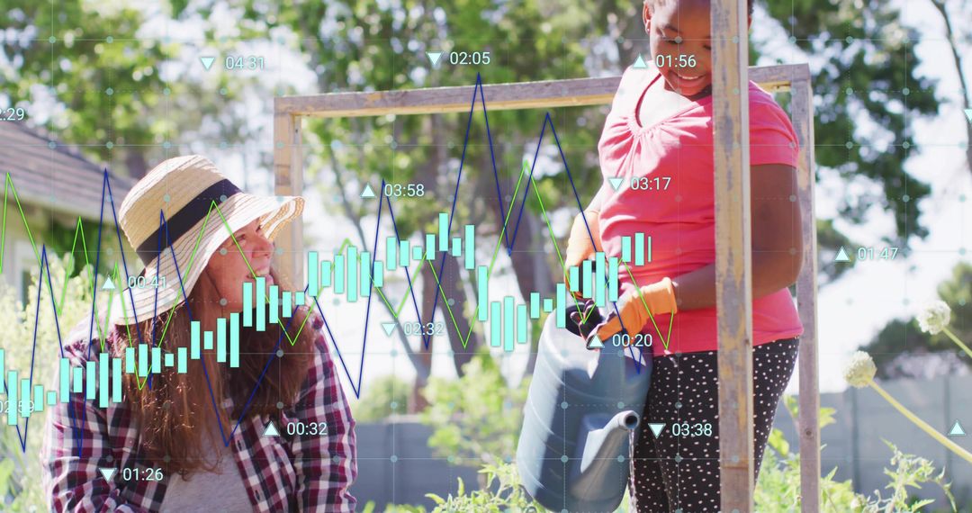 Gardening Mentorship Guiding Girl Watering Seedlings with Data Overlay Showing Growth