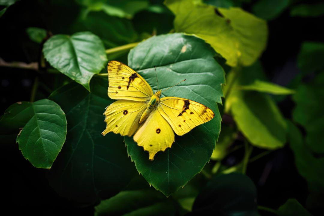 Bright yellow butterfly resting on a large green leaf - Free Images, Stock Photos and Pictures on Pikwizard.com