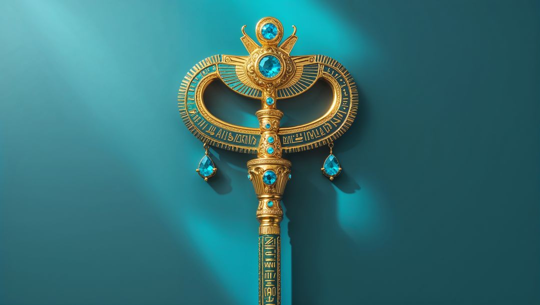 Ancient Egyptian Golden Key with Hieroglyphs and Gemstones