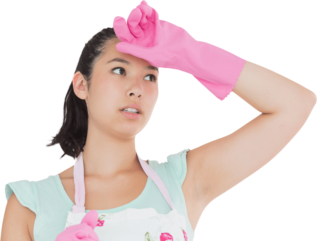 Transparent Exhausted Cleaning Woman in Pink Gloves with Apron