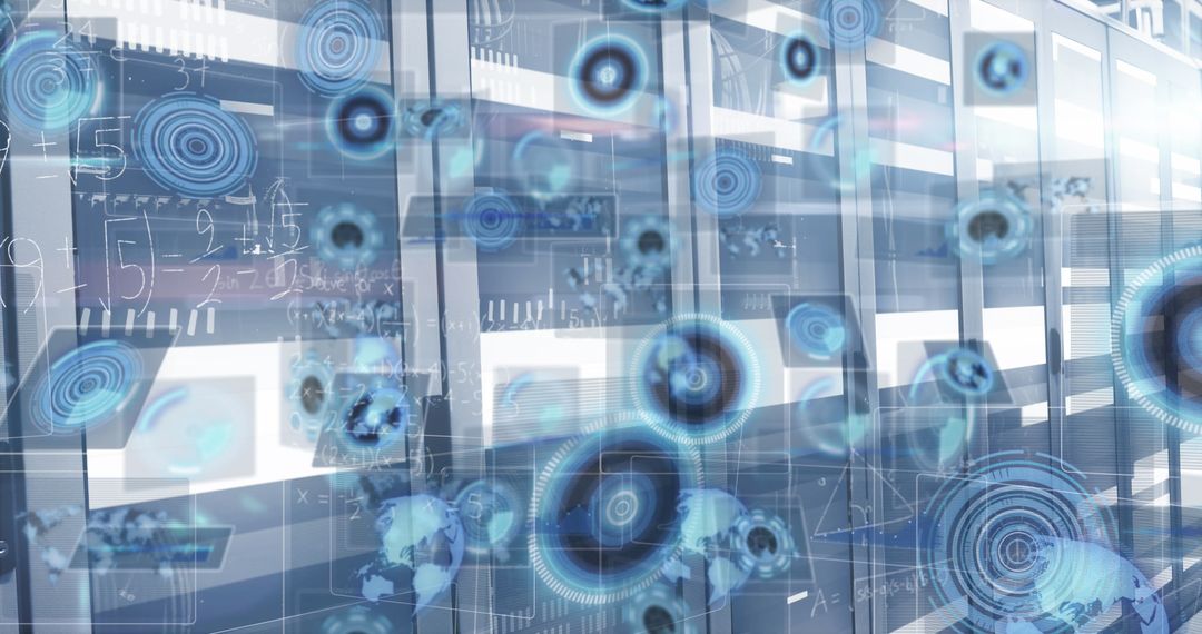 Futuristic Digital Interface Overlay on Modern Server Room