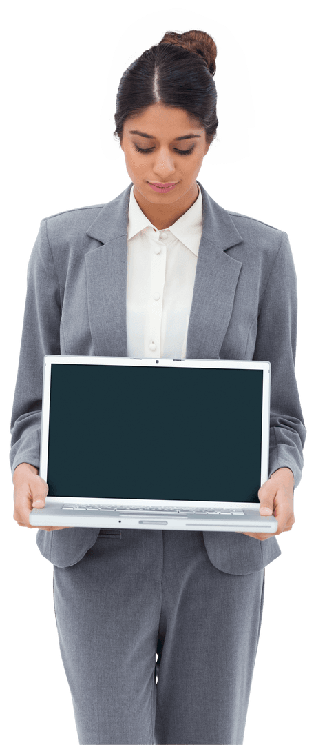 Businesswoman with Laptop Expressing Confidence in Transparent Format