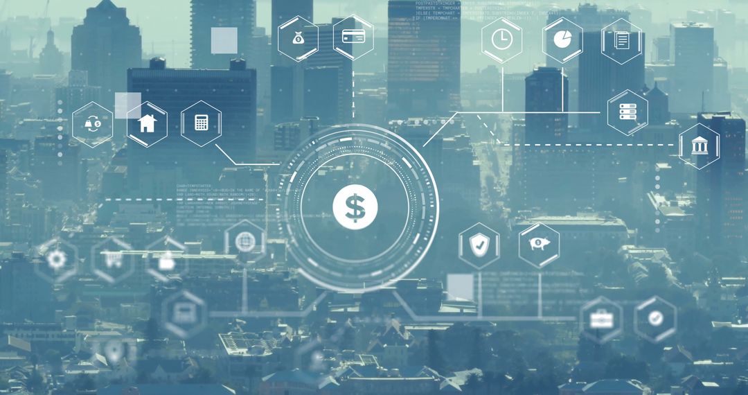 Digital Financial Icons Overlaying Cityscape Indicating Global Connections