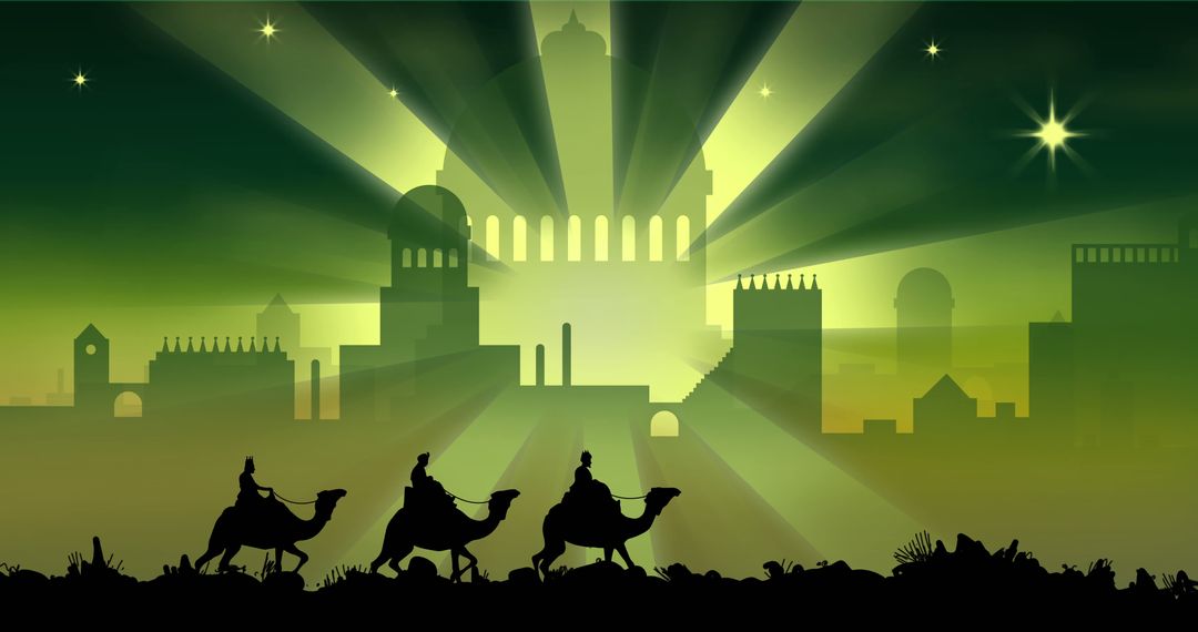 Three Wise Men on Camels in Magical Cityscape