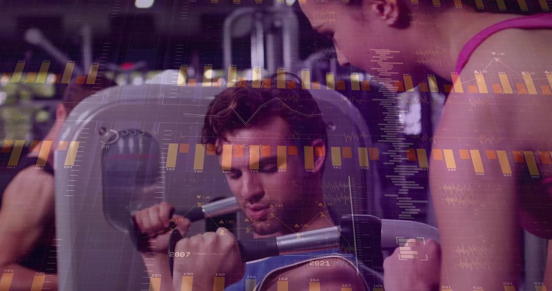 Fitness Coach Spotting Client on Chest Press with Overlaying Data Charts