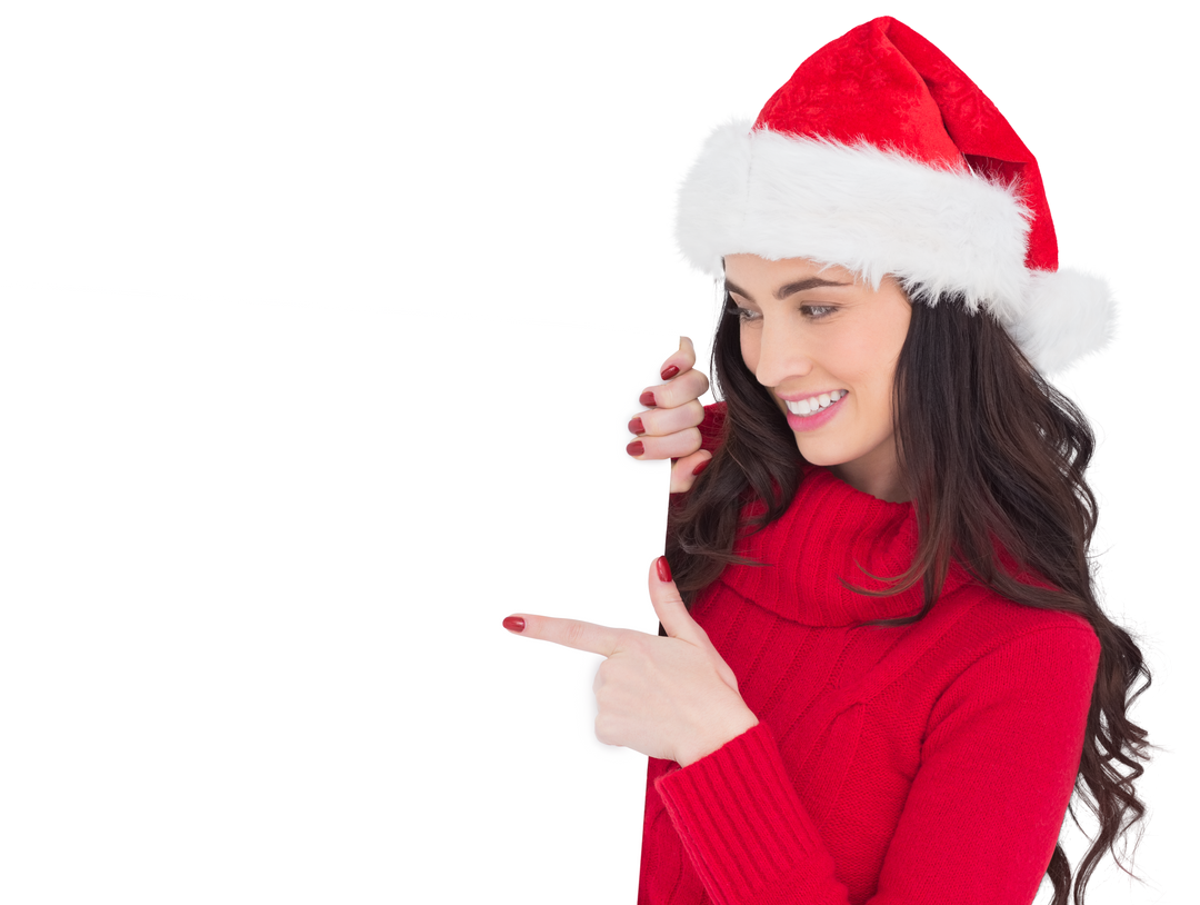 Brunette Woman in Santa Hat Pointing at White Transparent Poster - Download Free Stock Images Pikwizard.com