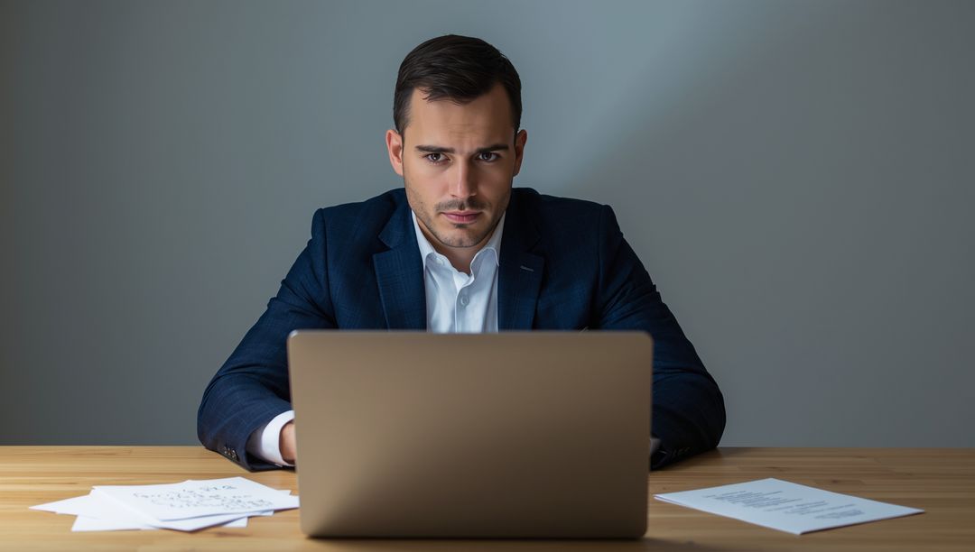 Focused Businessman Typing on Laptop in Professional Workspace