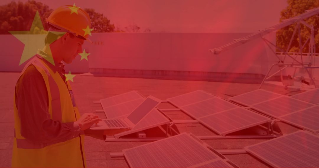 Chinese Engineer Analyzing Solar Panels for Renewable Energy