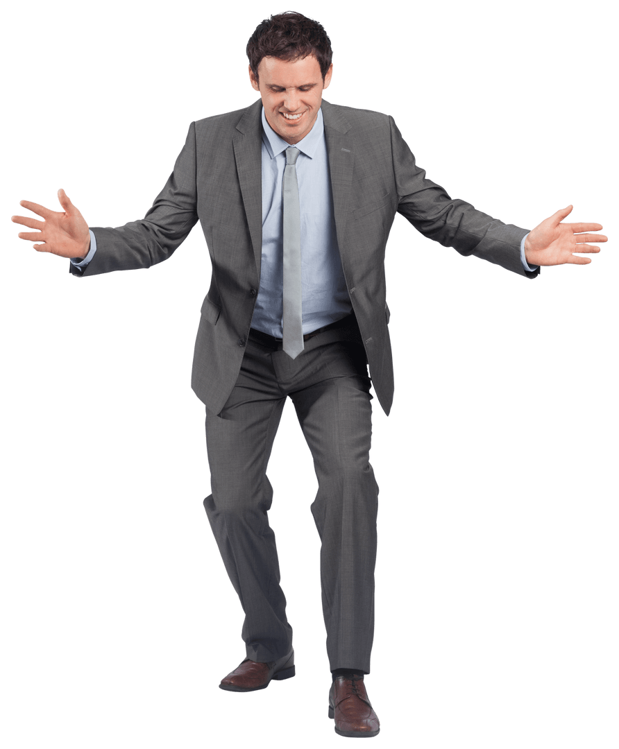 Confident Businessman in Gray Suit Standing with Arms Spread