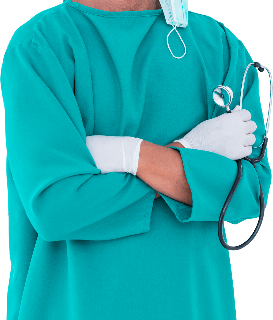 Surgeon in Teal Scrubs with Crossed Arms Holding Stethoscope on Transparent Background