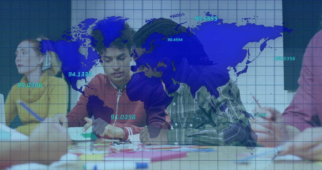 Students Collaborating with Global Map Overlay in Classroom