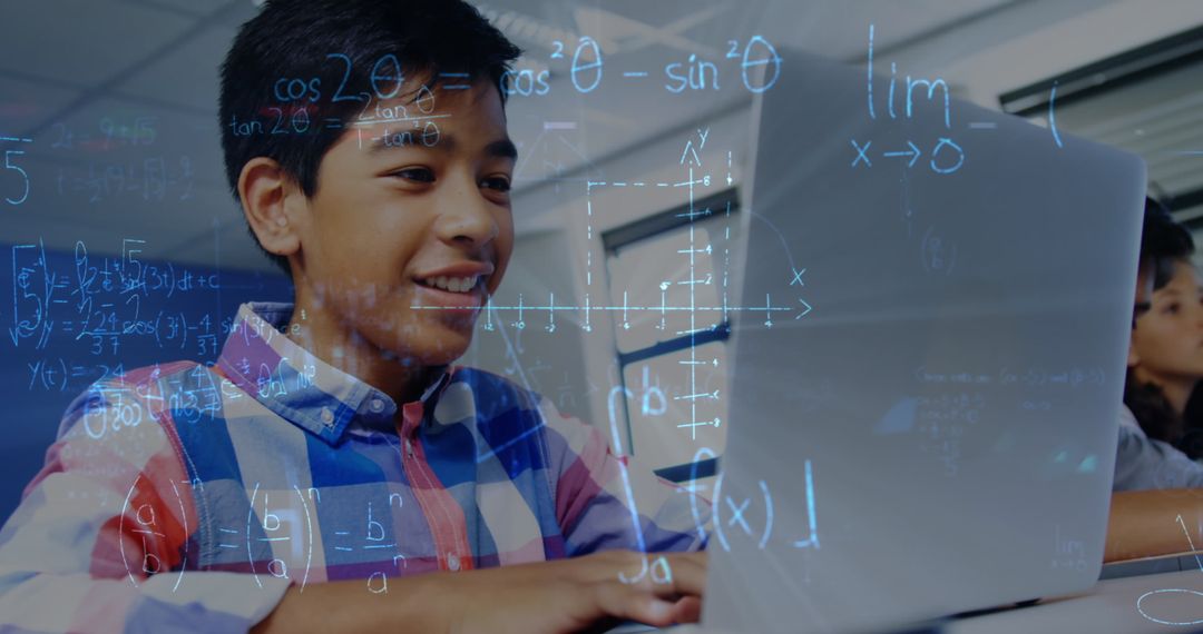 Schoolboy Engaging in Interactive Math Learning with Laptop