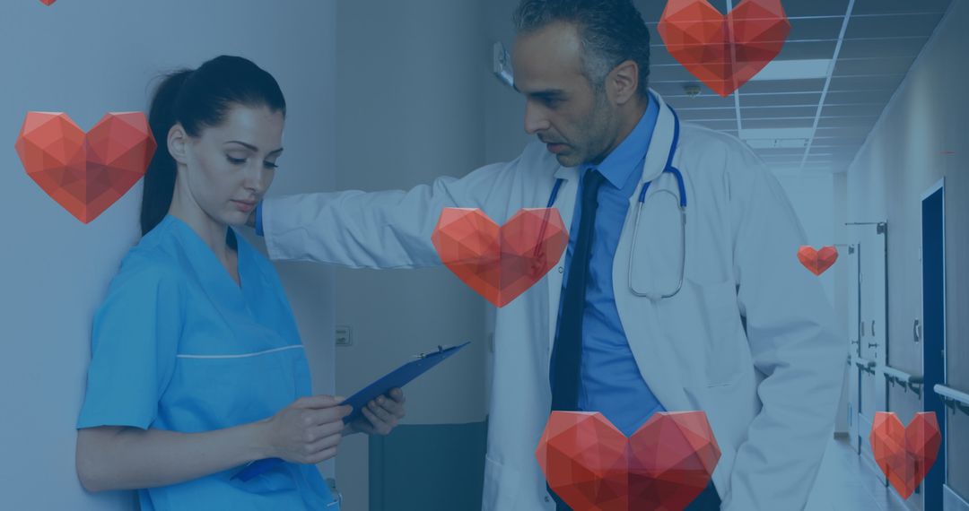 Healthcare Professionals Conversing with Digital Heart Icons Overlay